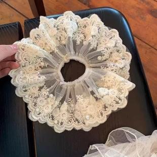 珍珠蕾丝大肠发圈白色超仙刺绣温柔花边低丸子发绳头绳扎发头花