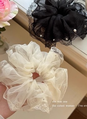 韩国ins新款黑色白色蕾丝珍珠双层大肠发圈时尚优雅头饰高级发饰