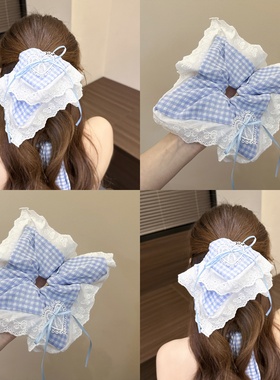 海盐泡泡蓝色格子蝴蝶结蕾丝方巾大肠发圈女韩系超大头绳发饰夏