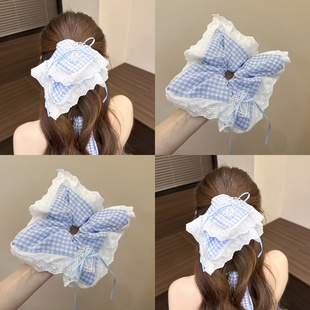 海盐泡泡蓝色格子蝴蝶结蕾丝方巾大肠发圈女韩系超大头绳发饰夏