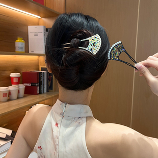 竹园篱笆！彩绘珍珠镂发簪！U型发簪新中式后脑勺盘发簪子女头饰