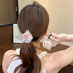 浪漫玫瑰纱花发圈百搭发绳精致耐用头绳皮筋盘发器头饰女