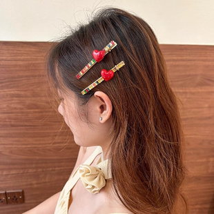 名狐安可拉红爱心彩钻发夹一字夹闪钻边夹刘海夹发卡女前额碎发
