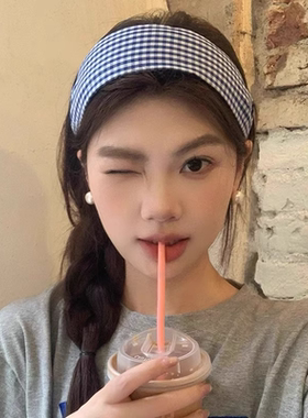 韩系蓝色格纹宽边发箍2025新款高级感高颅顶头箍外出百搭发卡发饰