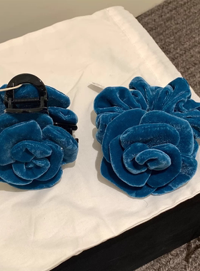 高版本进口面料 深蓝色丝绒花朵抓夹韩国扎发头绳低马尾皮筋发饰