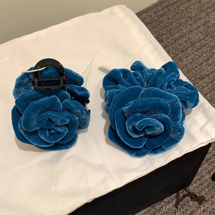 高版本进口面料 深蓝色丝绒花朵抓夹韩国扎发头绳低马尾皮筋发饰