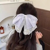超仙浅色波点条纹雪纺马尾夹夏日清新蝴蝶结抓夹甜美气质蕾丝发抓