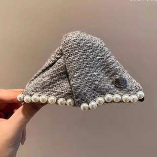 韩系毛线针织三角抓夹女高级感后脑勺盘发鲨鱼夹气质珍珠发夹头饰