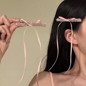 粉色飘带蝴蝶结水晶发夹女前额碎发刘海侧边一字夹甜美鸭嘴夹发饰