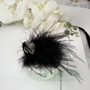 新款法式发饰小天鹅羽毛抓夹鸵鸟毛丸子头丸子头发夹半扎发高级