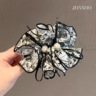 韩系新款 抓夹 复古印花懒人弹簧夹高级感气质优雅顶夹半扎发夹时尚