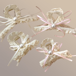 质感仿贝珍珠丝带蝴蝶结蕾丝发夹甜美后脑勺抓夹超仙头饰发饰女