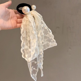 优雅蕾丝刺绣飘带发绳女2025新款 高级感头饰 气质百搭珍珠发圈时尚