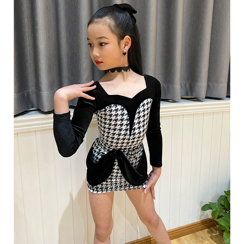 拉丁舞表演服演出服女童儿童新款千鸟格舞蹈服套装包臀裙秋冬新款