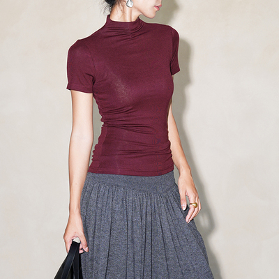 修身显瘦弹力半高领短袖T恤天丝