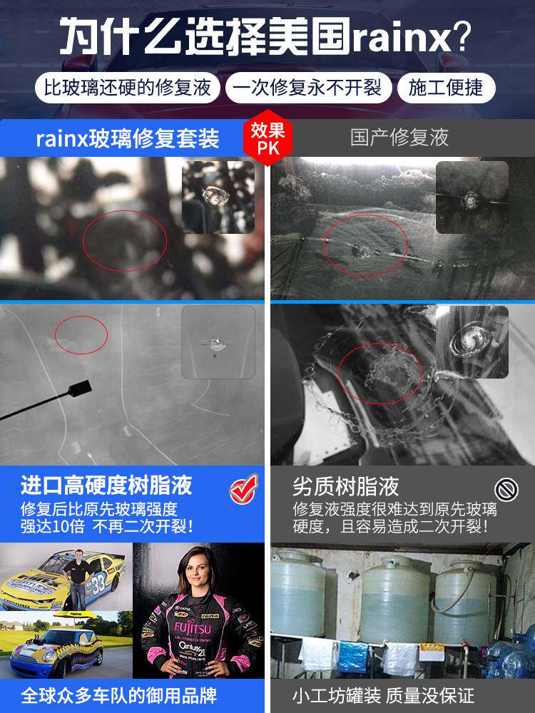 美国rain-x汽车前挡风玻璃长裂痕裂纹修复液工具修补神器还原剂