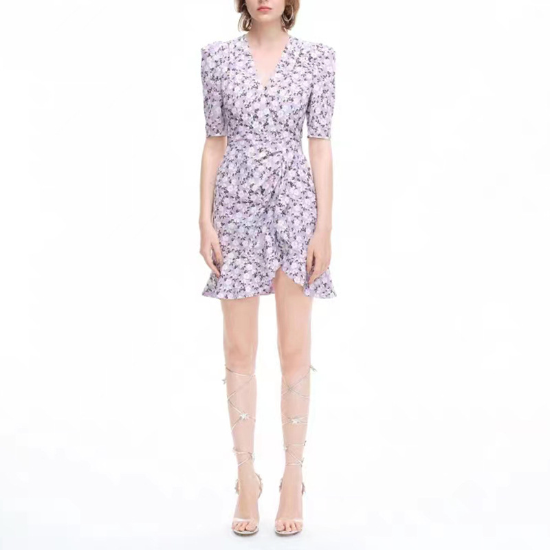 [清仓]2025夏季BEBE法式V领紫色碎花连衣裙气质甜美温柔荷叶裙