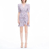 V领紫色碎花连衣裙气质甜美温柔荷叶裙 BEBE法式 清仓 2025夏季