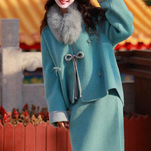 豪门太太真狐狸毛新中式澳洲羊绒套装冬季国风双面呢羊毛大衣外套