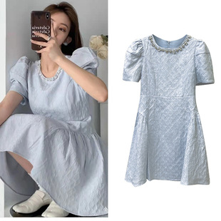 高级法式 设计感小众蓝色显瘦短裙韩版 2024夏季 A字连衣裙 现货