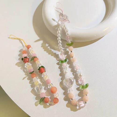 Peach Beaded Mobile Phone Charm Strap Chain Lanyard Women Sw
