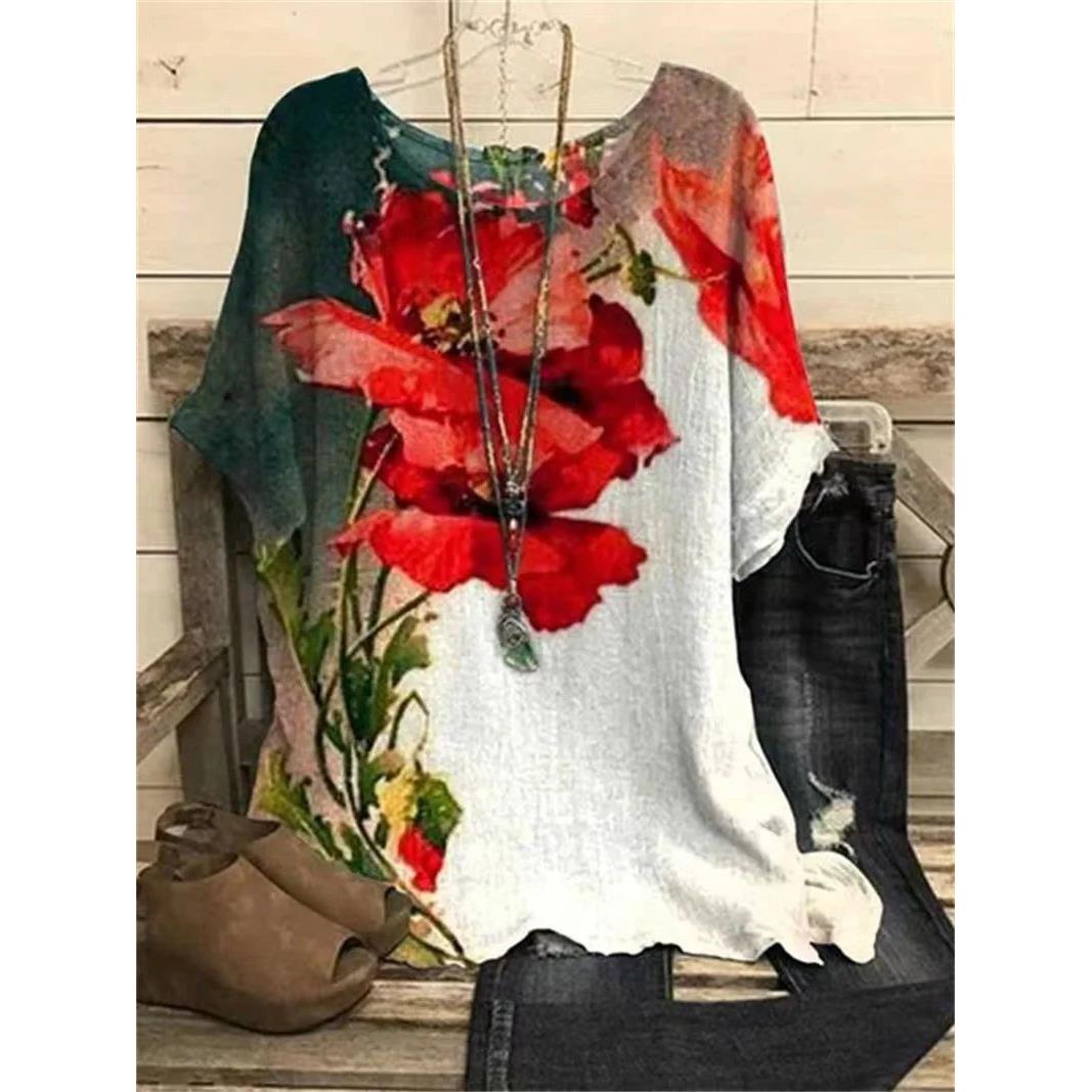 Vintage Women T-Shirt O-Neck Oversized Top Elegant Flower Im
