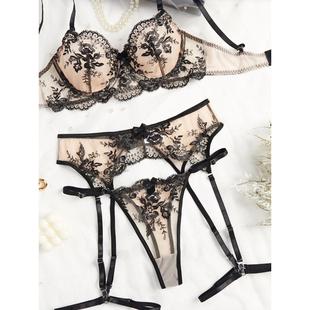 Sexy bra mesh embroidery see through lingerie set