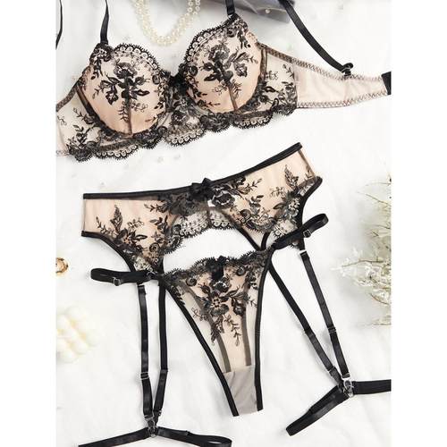 Sexy bra mesh embroidery see through lingerie set