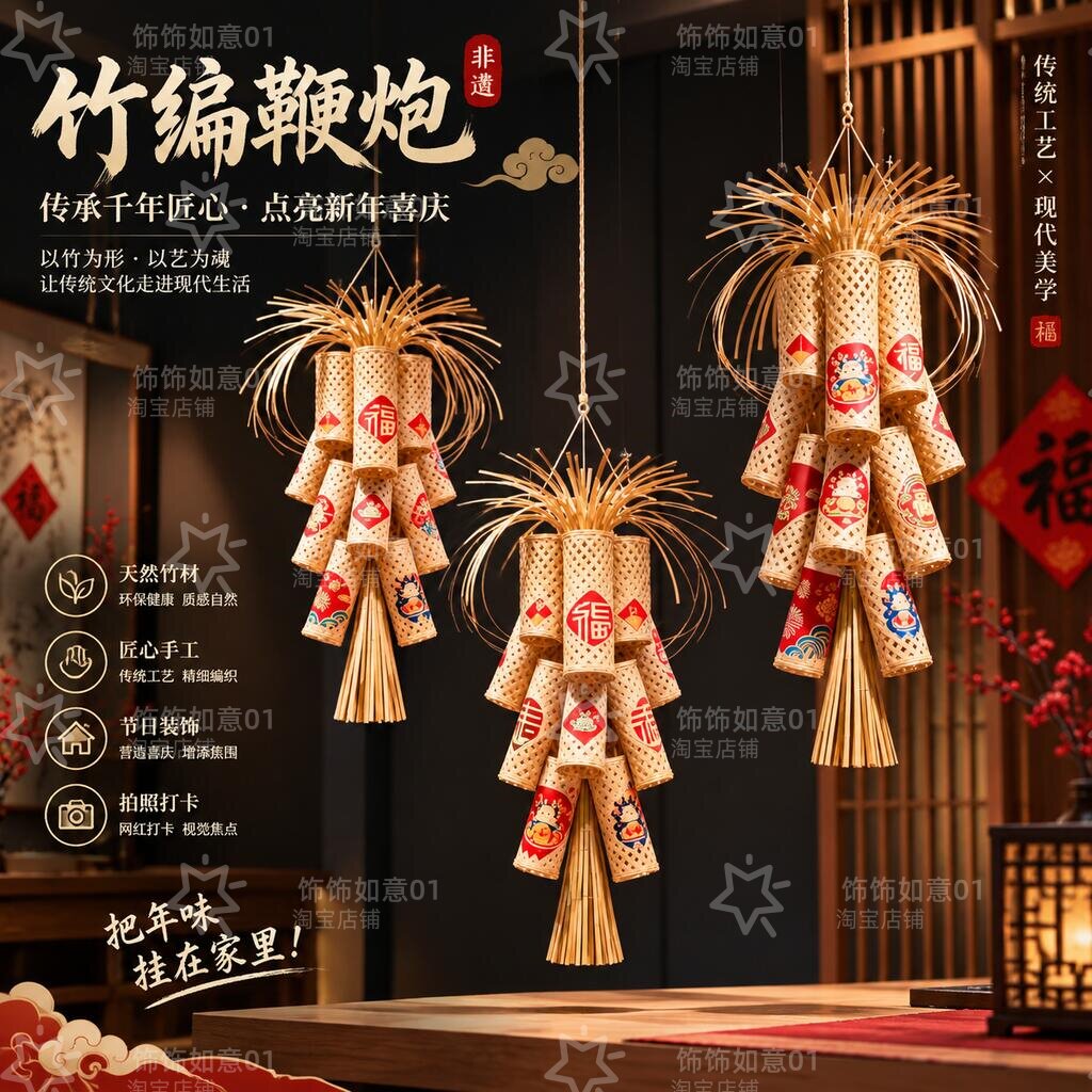 竹编鞭炮新年美陈橱窗门头打卡图片