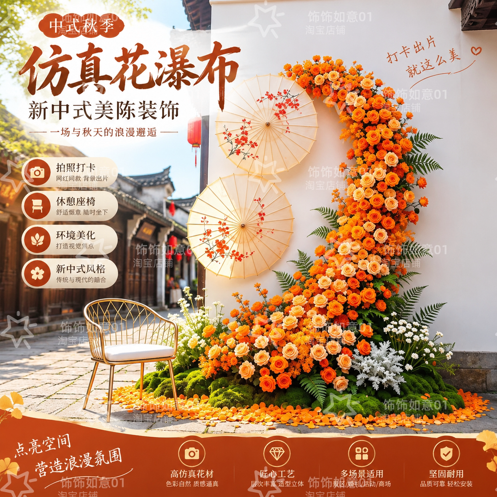 新中式秋季仿真花瀑布美陈装饰店铺橱窗门头户外景区公园造景装置