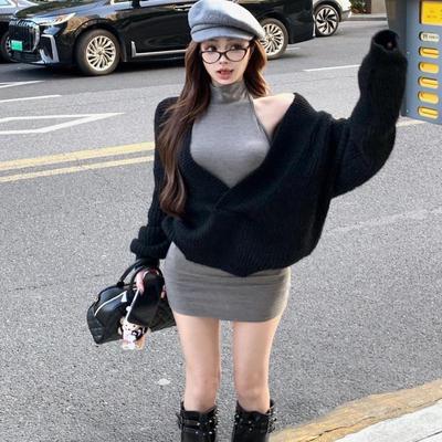 慵懒风复古v领长袖套头毛衣秋冬