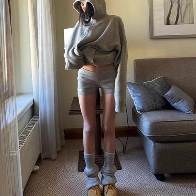 正确版】灰色连帽毛衣女秋冬宽松慵懒风针织开衫拉链外套