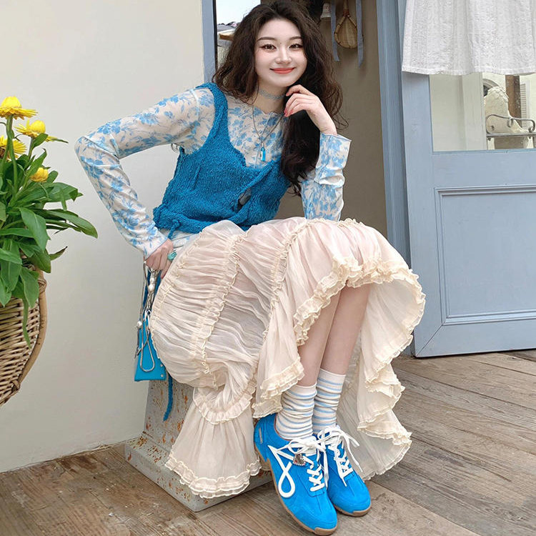 可甜可盐小个子显瘦针织背心套装女温柔木耳花边蓬蓬蛋糕裙三件套