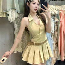 黑色辣妹打揽无袖挂脖露背牛仔连衣裙性感收腰显瘦V领露肩百褶裙