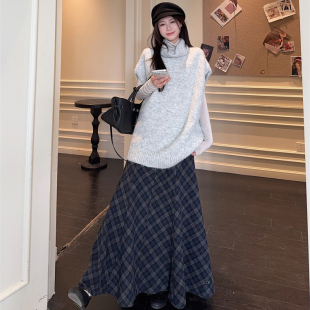 秋季 纯色宽松毛衣女堆堆领打底衫 格纹长裙三件套 复古套装 2025新款