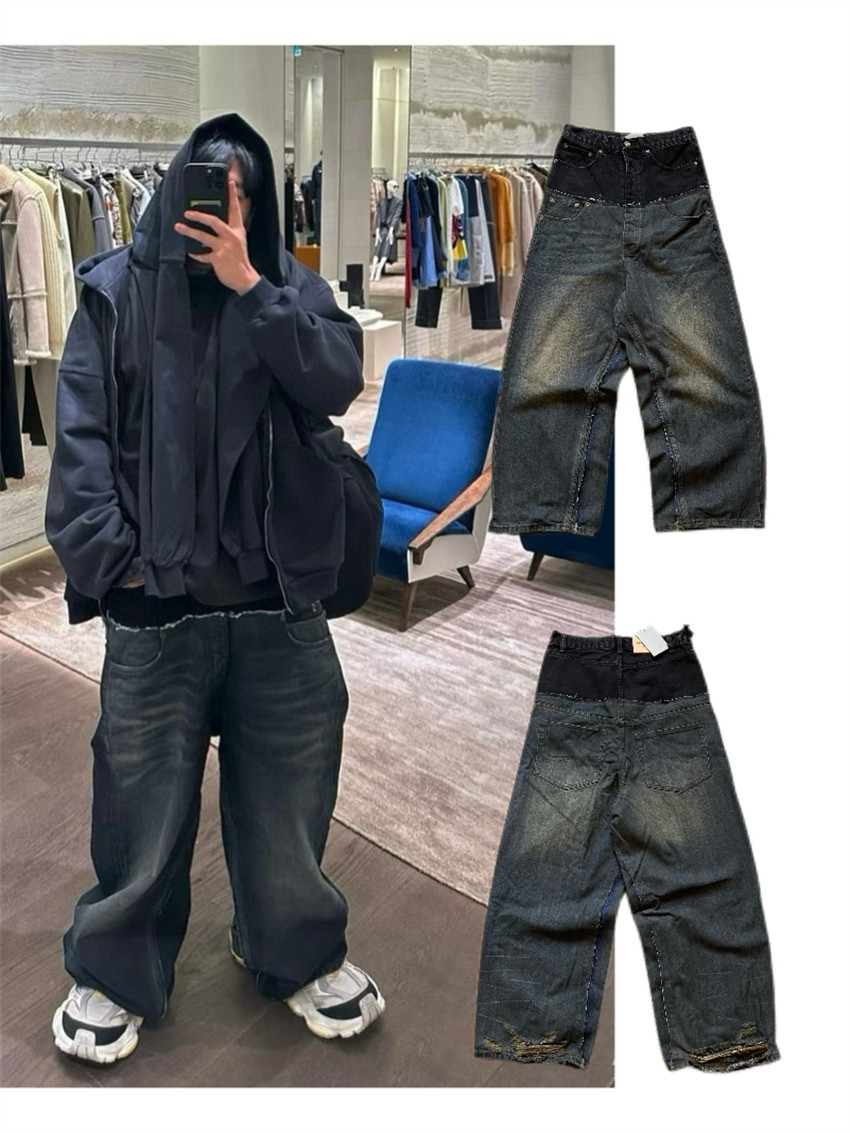 thumbnail for Blcg Bajia 25Ss Resin Mud-Dyed Washed Vintage Whiskered Wide-Leg Black and Blue Patchwork Jeans for Men Trendy Long Pants