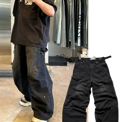 BLCG 巴黎秋冬重工水洗宽松直筒牛仔裤Cargo阔腿工装休闲伐木长裤
