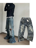 B家秋冬水洗做旧宽松泥染糜烂破坏巴黎牛仔裤 泼墨复古潮男直筒裤