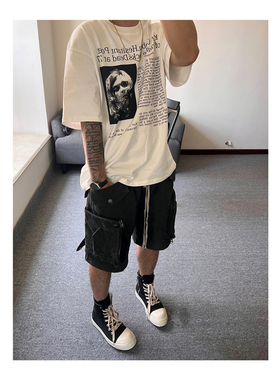 Epide同款Shorts 机能拉链口袋重工扎染帆布做旧做旧洗水工装短裤