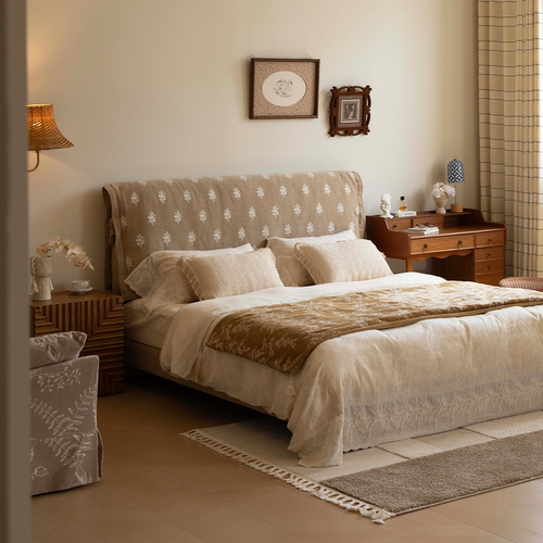 奶油风可拆洗布艺床高靠背