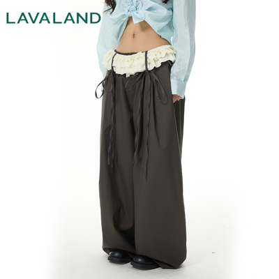 【蕾丝阔腿裤】LAVALAND秋冬双腰头抽绳设计感褶皱直筒阔腿休闲裤