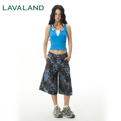 【美式豹纹七分裤】LAVALAND复古街头迷彩低腰情侣阔腿牛仔直筒裤