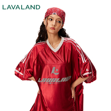 【美式球衣】lavaland夏光感平纹法拉利红V领印花休闲短袖T恤球衣