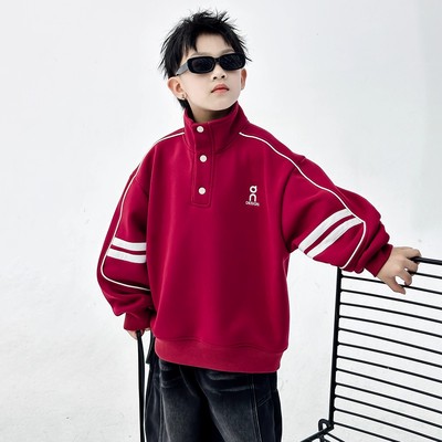 男童秋冬款高领加绒加厚红色卫衣