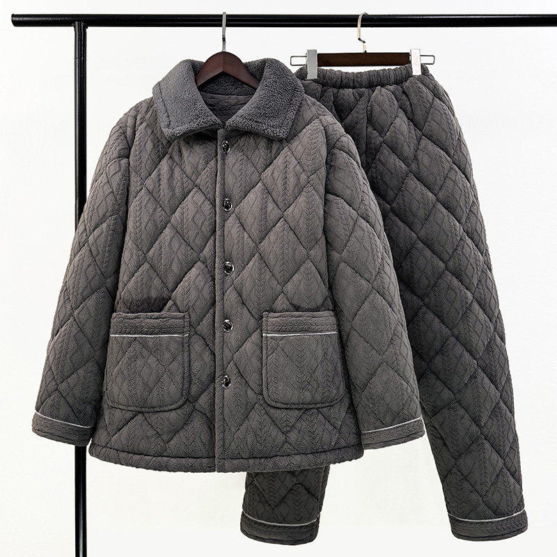 全棉纯棉中老年男士睡衣冬季珊瑚绒夹棉加厚加大码爸爸保暖棉袄套