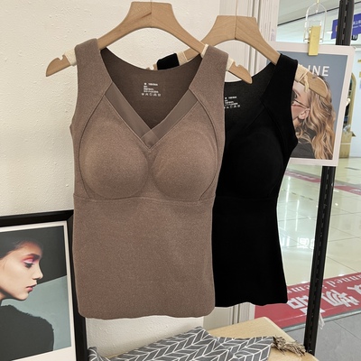 日本进口MUJIE德绒石墨烯美背贴身背心冬季女士V领背心免穿文胸