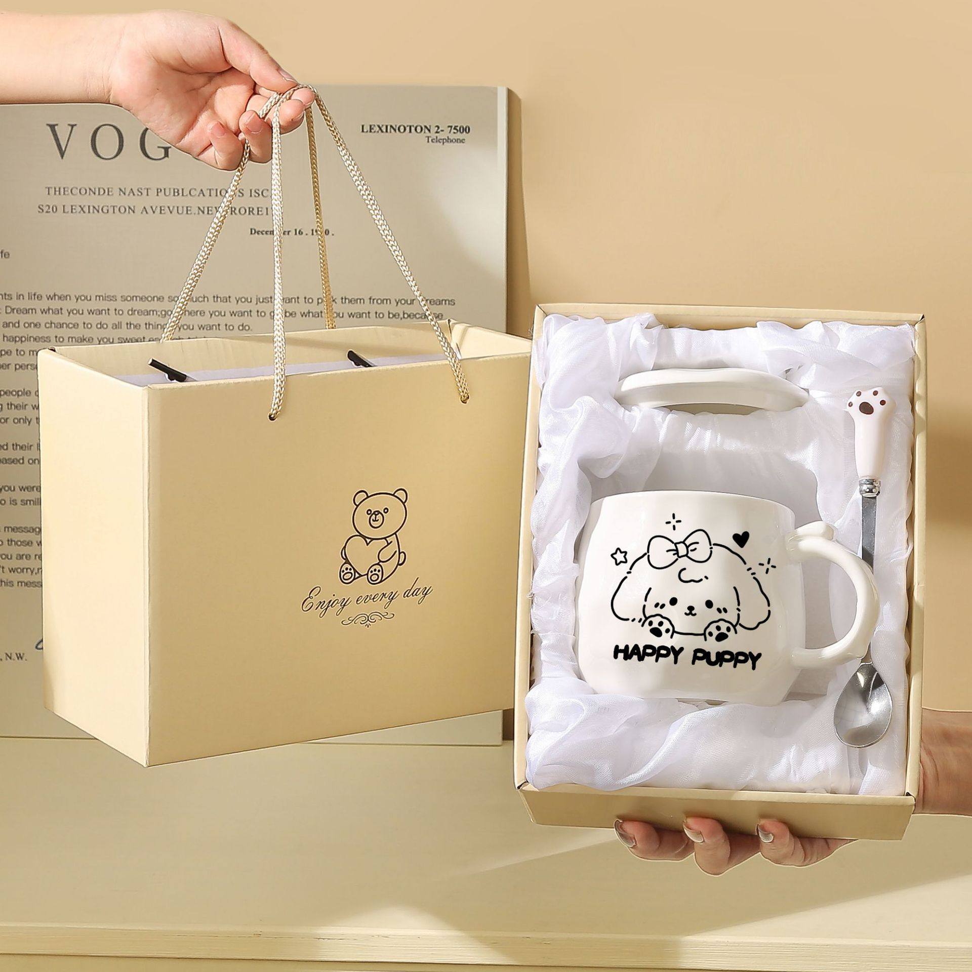 高颜值卡通小狗陶瓷马克杯带盖勺杯子礼盒女生儿童生日礼物实用,餐饮具,马克杯,淘宝优惠券,粉丝福利购,淘宝优惠卷