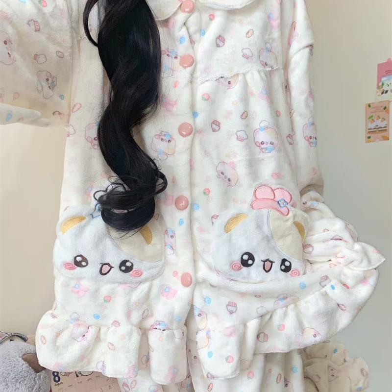 新款开开熊冬季女卡通法兰绒睡衣加绒加厚可爱甜美可外穿家居服