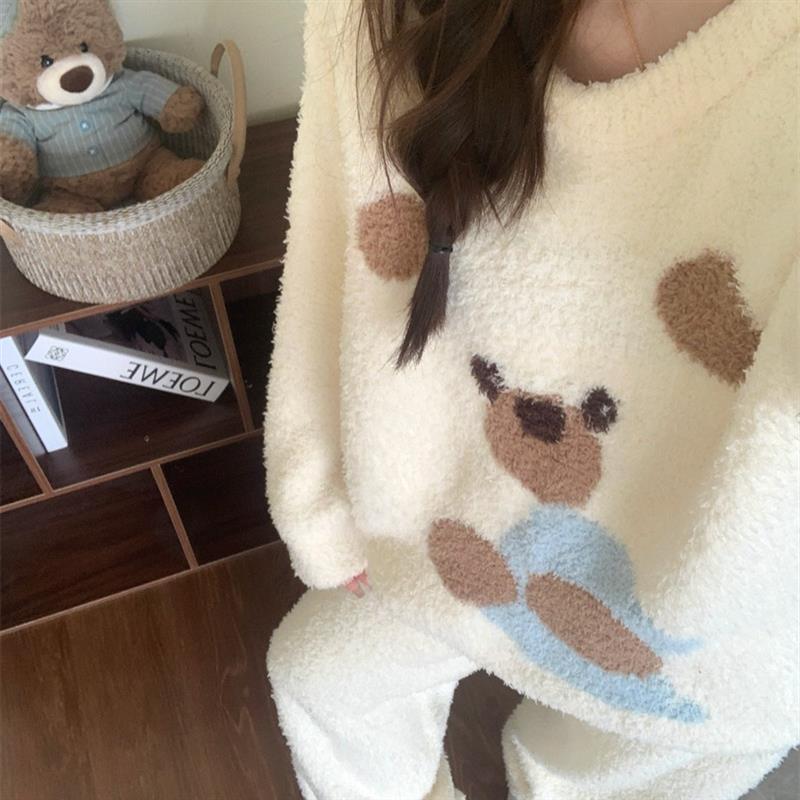 卡通小熊长袖长裤秋冬天软糯半边绒睡衣女款2025新款冬加厚家居服