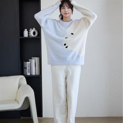 半边绒睡衣女秋冬季加厚北极熊毛绒套装抗静电家居服